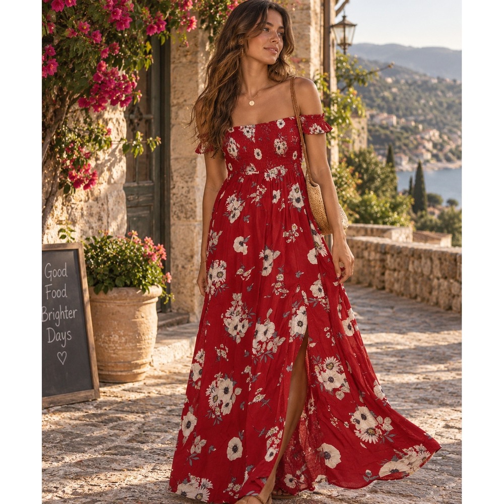 Apricot Dress Womens Small Red Floral Maxi Boho Cottagecore Summer